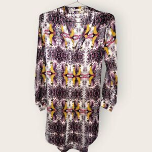 Chelsea & Violet Dress Sz XS Multicolored Peacock Silky Red Brown‎ Side Sequins